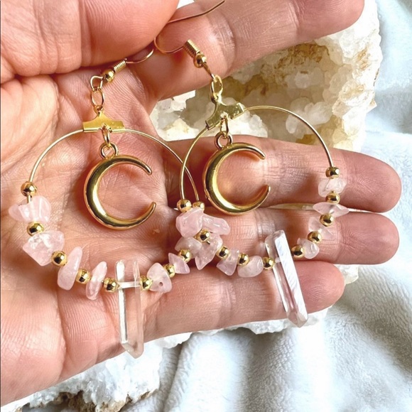 Jewelry - Crescent Moon Rose Quartz + Clear Quartz Earrings